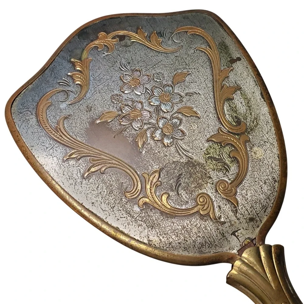 VTG 1950s Gold Tone Vanity Set Hand Mirror & Hair Brush Hollywood Regency Floral